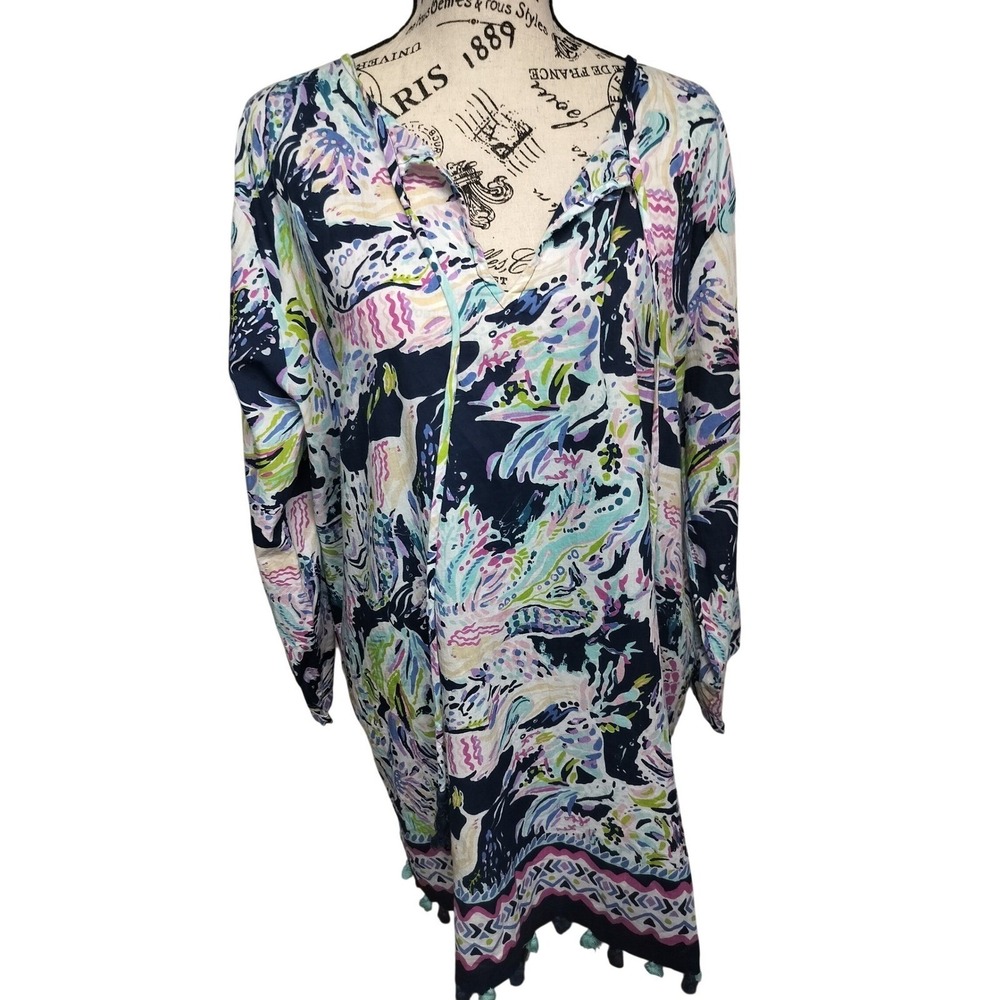 Charlie Paige Women L/XL Navy Blue Abstract Print Tassel Hem Swim Cover Up Dress